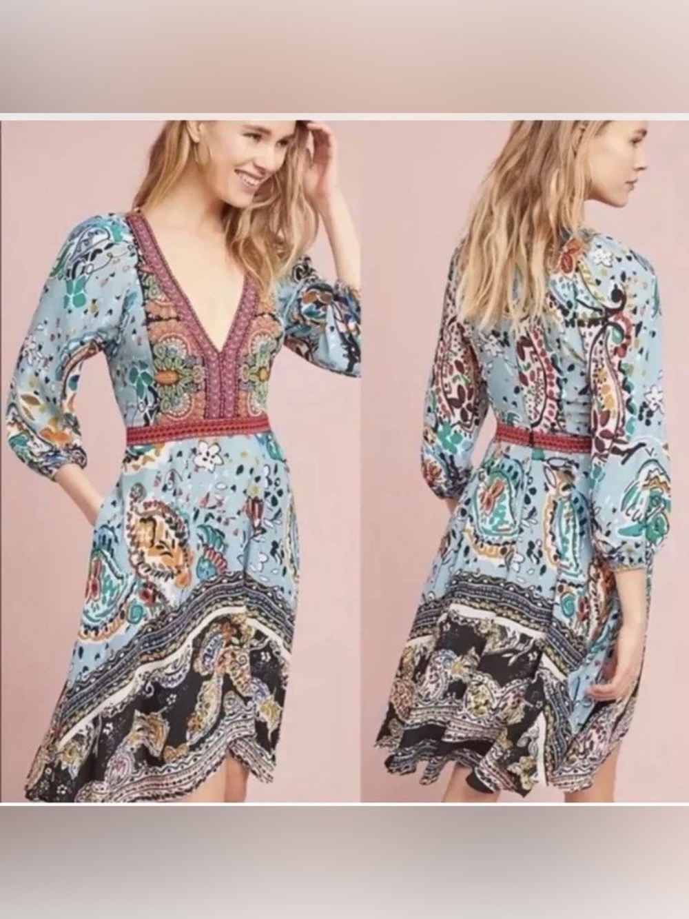 Anthropologie Akemi + Kin Karmina Beaded Paisley Floral Boho Dress Sz 0.